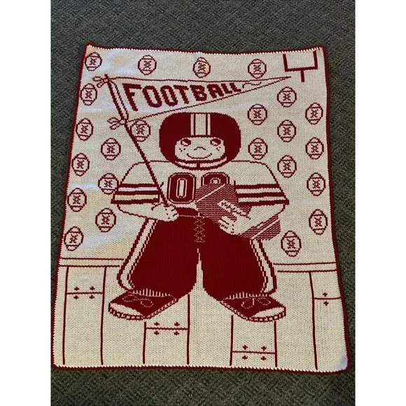 Baby Blanket Footballs Player Flag Red White Cotton Knit Blankie Soft 24x31 Inch - Picture 2 of 6